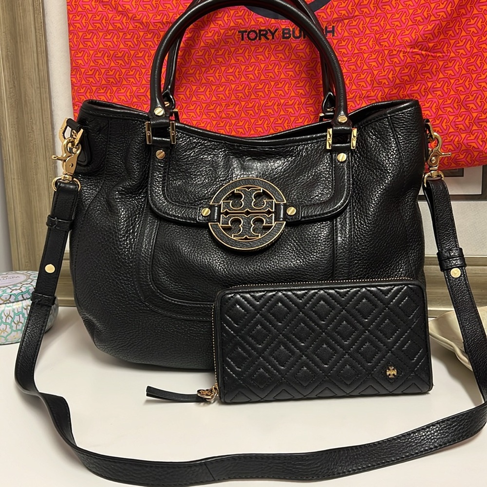 TORY BURCH BLACK PEBBLE LEATHER AMANDA HANDBAG ++Long zip wallet. You get both!